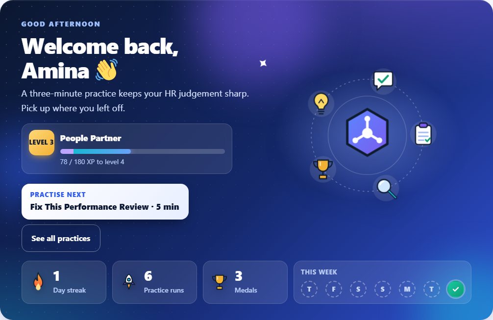 A learner dashboard with level, streak and medals